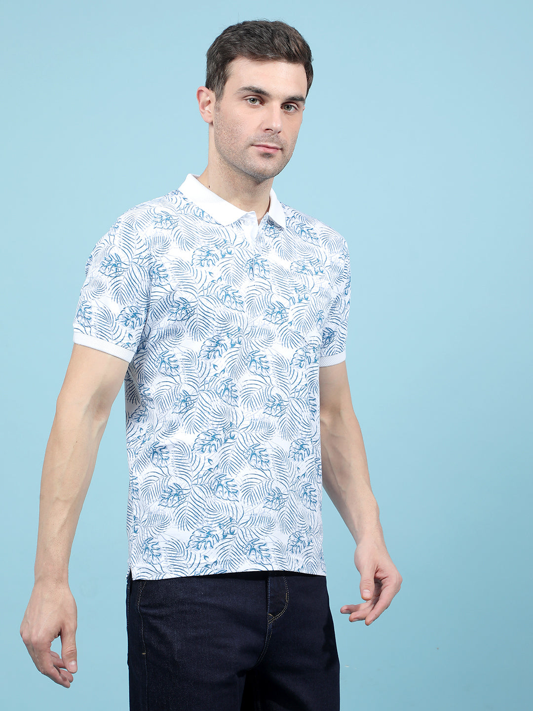 Blue Floral Print Polo-Neck T-Shirt-Men T-Shirts-Crimsoune Club