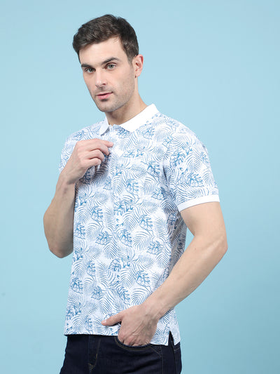 Blue Floral Print Polo-Neck T-Shirt-Men T-Shirts-Crimsoune Club