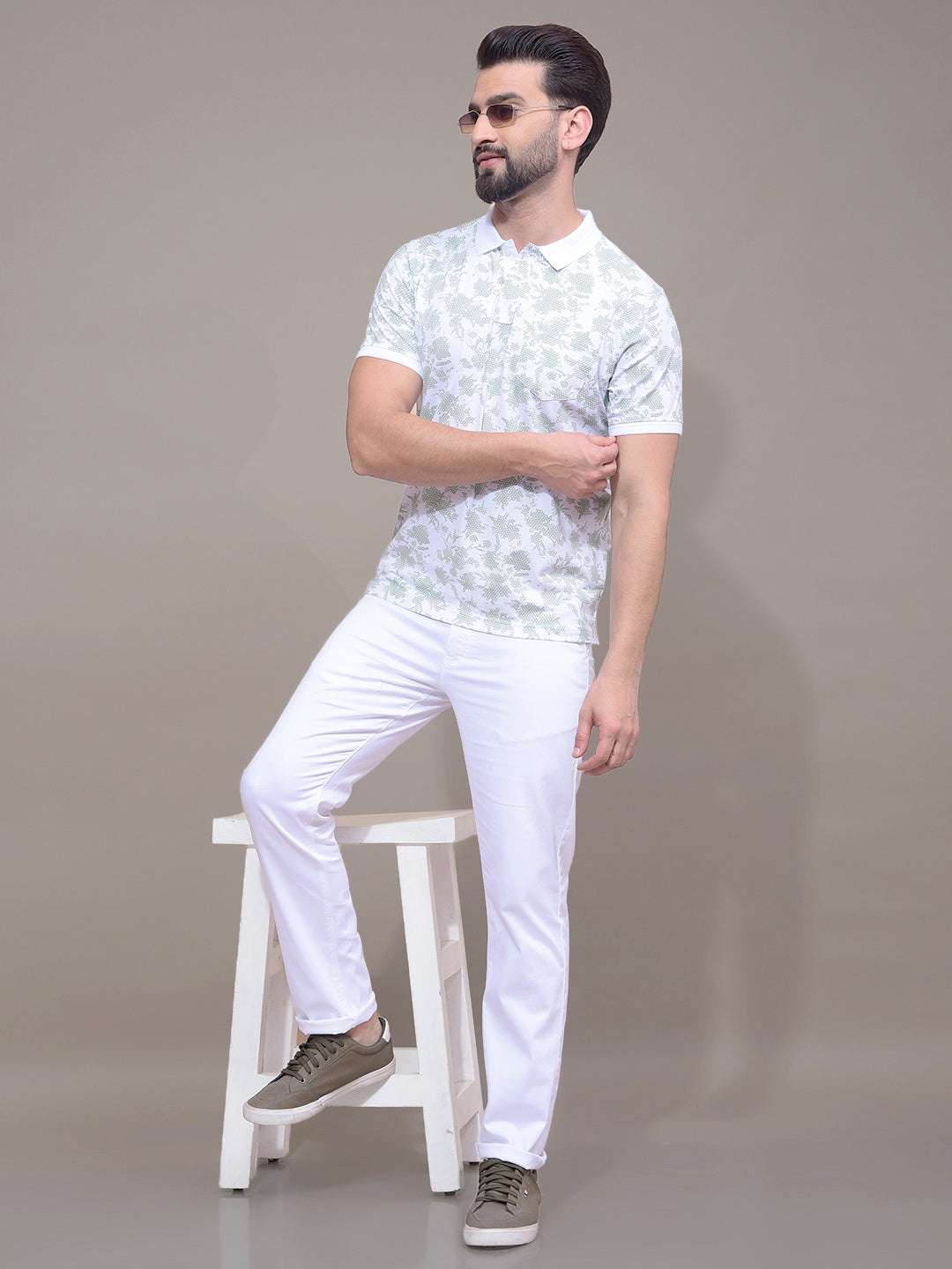 Green Printed Polo Neck T-Shirt-Men T-Shirts-Crimsoune Club