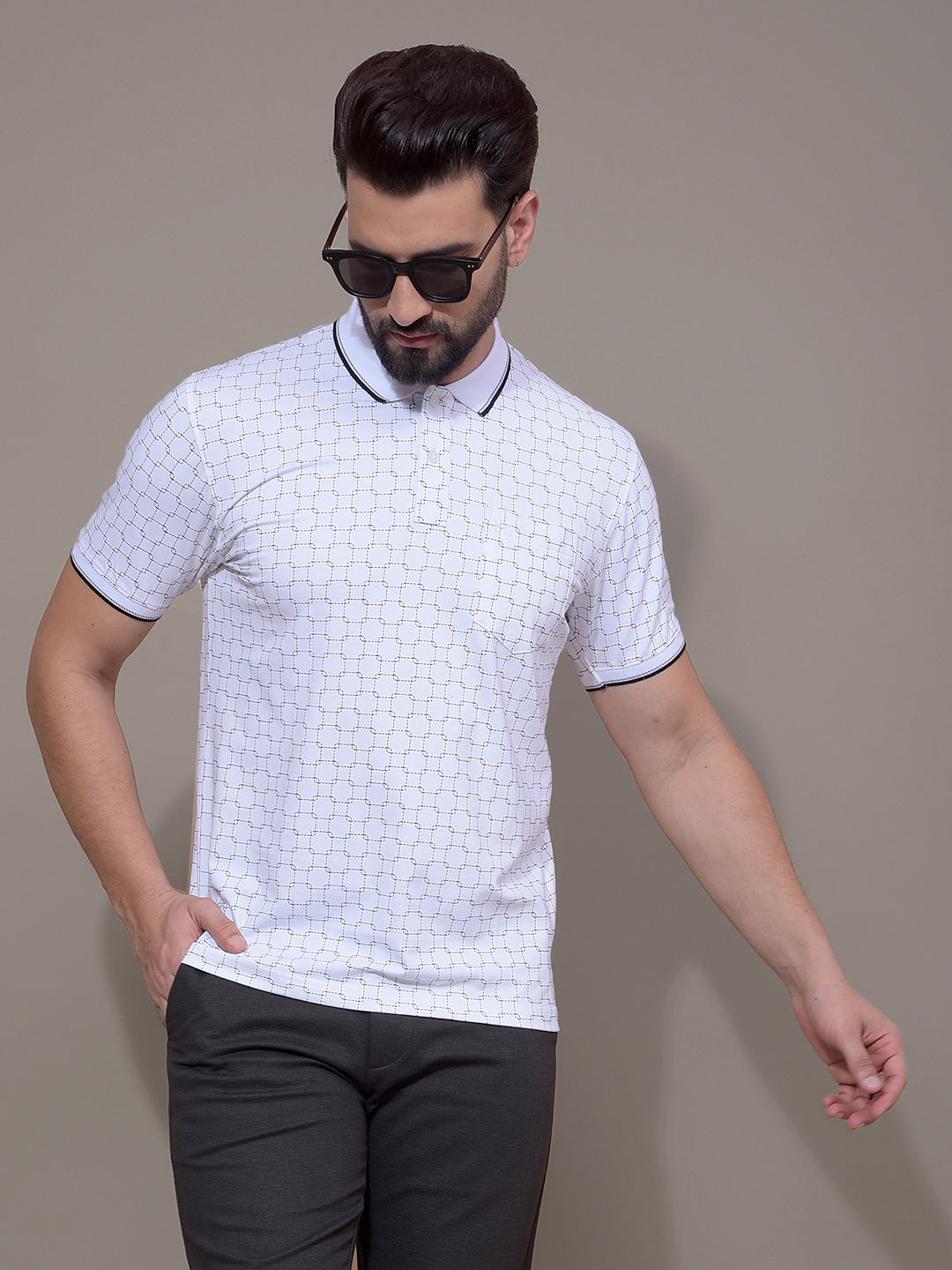 White Printed Polo Neck T-Shirt-Men T-Shirts-Crimsoune Club