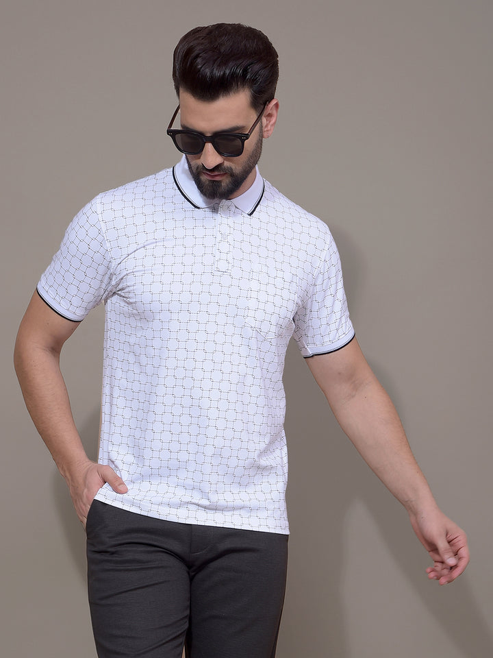 White Printed Polo Neck T-Shirt-Men T-Shirts-Crimsoune Club