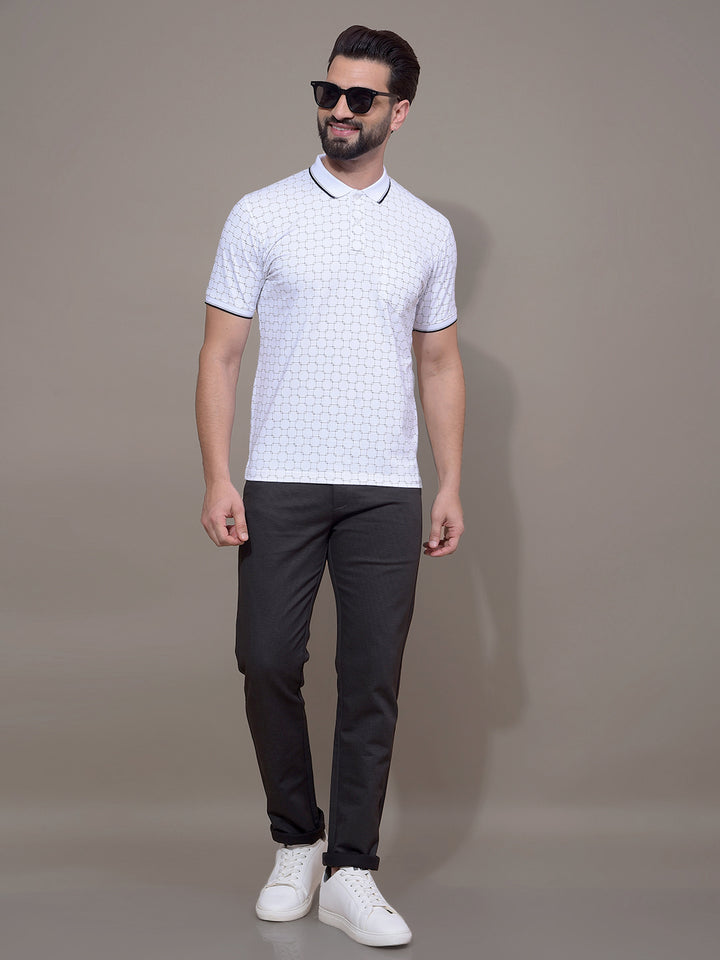 White Printed Polo Neck T-Shirt-Men T-Shirts-Crimsoune Club