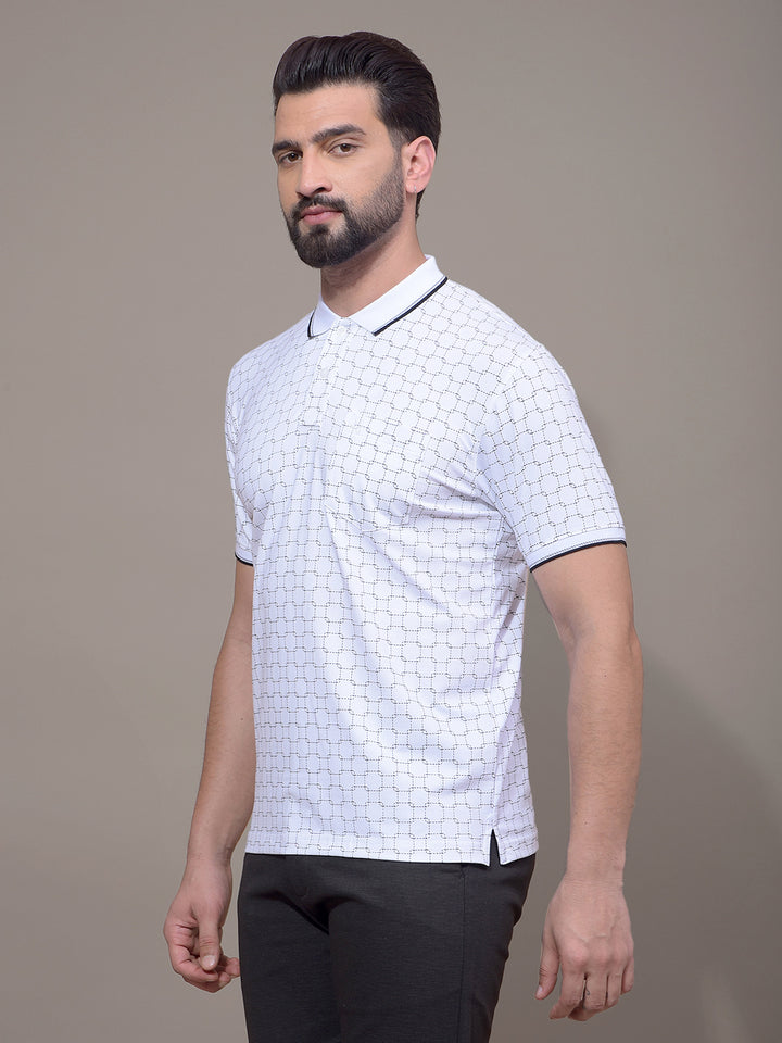 White Printed Polo Neck T-Shirt-Men T-Shirts-Crimsoune Club