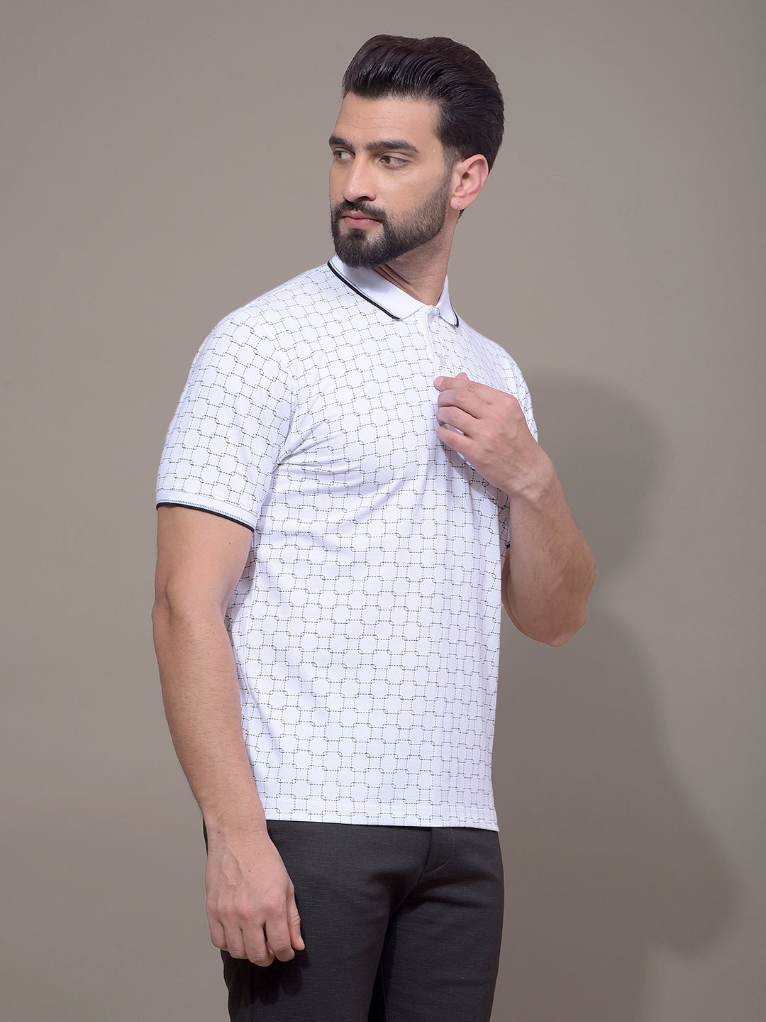 White Printed Polo Neck T-Shirt-Men T-Shirts-Crimsoune Club