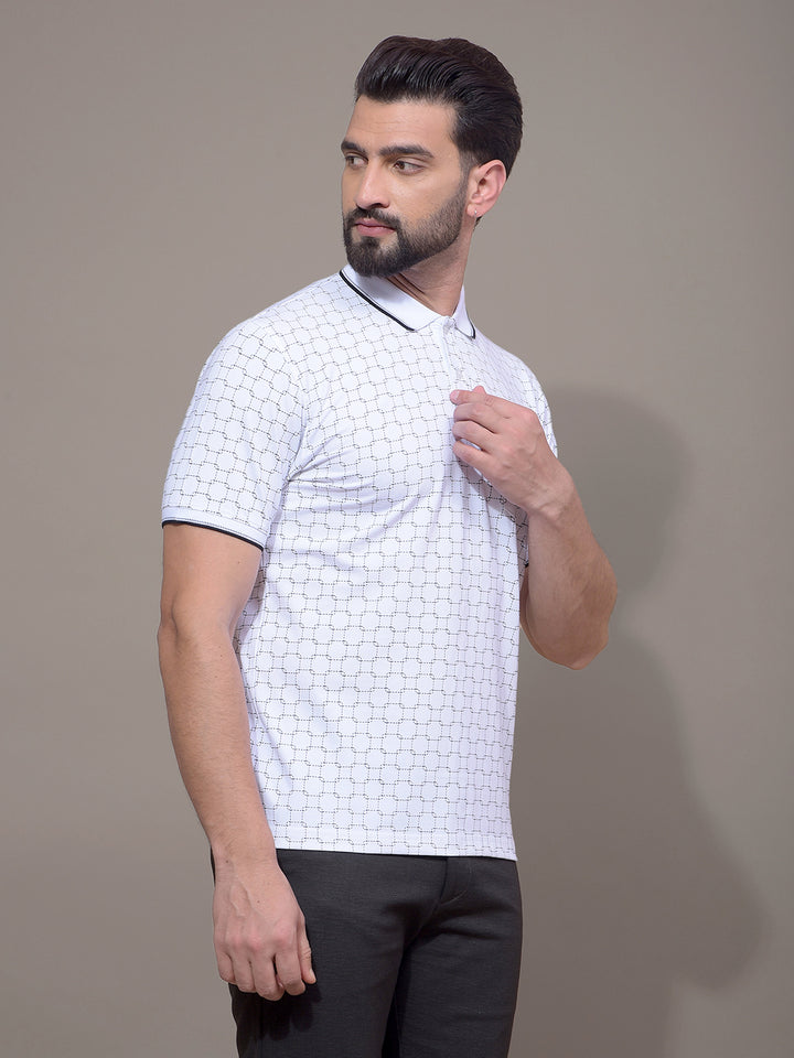 White Printed Polo Neck T-Shirt-Men T-Shirts-Crimsoune Club