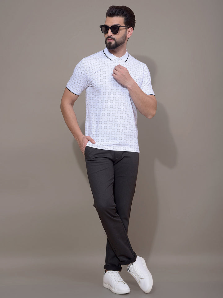 White Printed Polo Neck T-Shirt-Men T-Shirts-Crimsoune Club