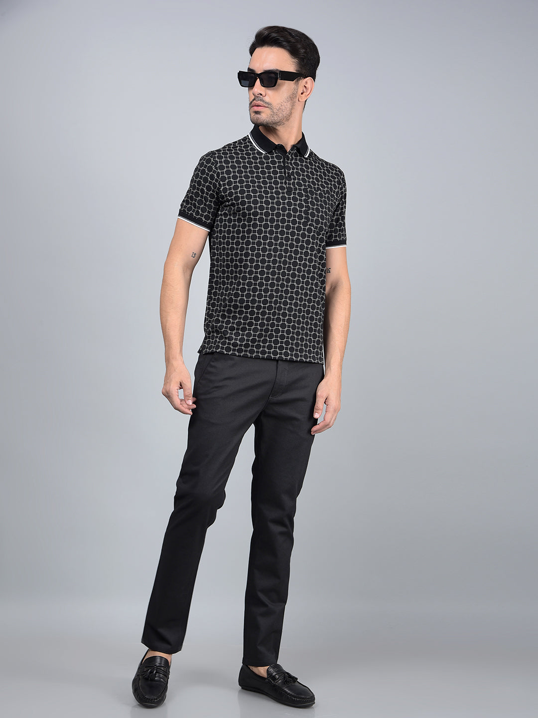 Black Printed Polo Neck T-Shirt-Men T-Shirts-Crimsoune Club