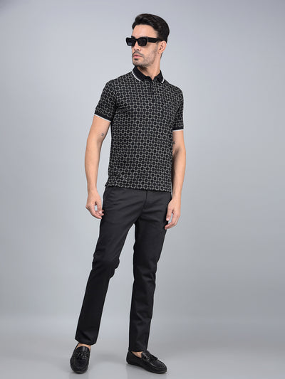 Black Printed Polo Neck T-Shirt-Men T-Shirts-Crimsoune Club