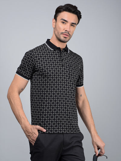 Black Printed Polo Neck T-Shirt-Men T-Shirts-Crimsoune Club