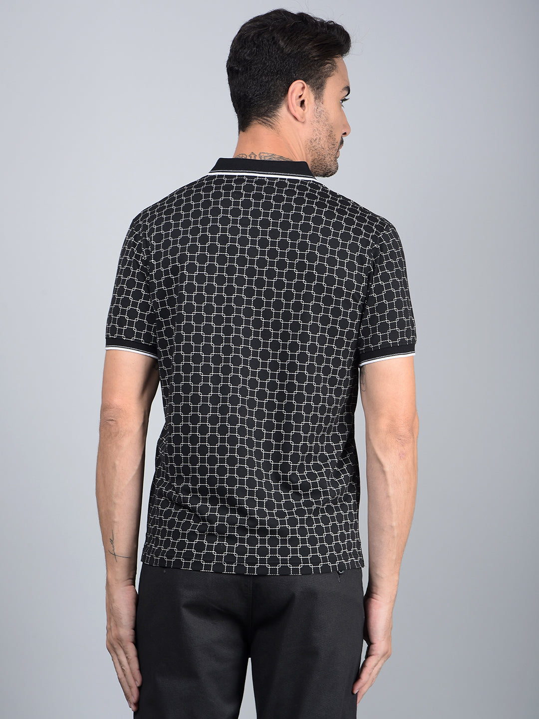 Black Printed Polo Neck T-Shirt-Men T-Shirts-Crimsoune Club
