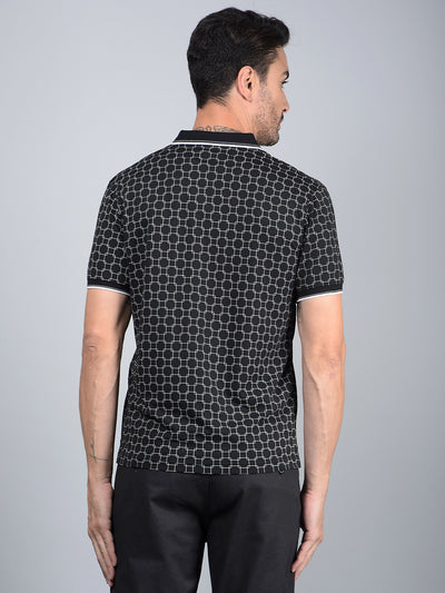 Black Printed Polo Neck T-Shirt-Men T-Shirts-Crimsoune Club