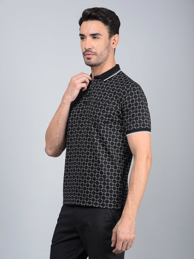 Black Printed Polo Neck T-Shirt-Men T-Shirts-Crimsoune Club