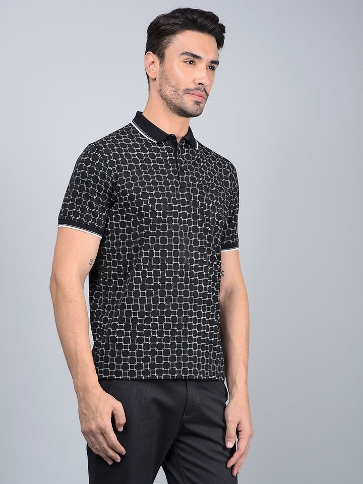 Black Printed Polo Neck T-Shirt-Men T-Shirts-Crimsoune Club