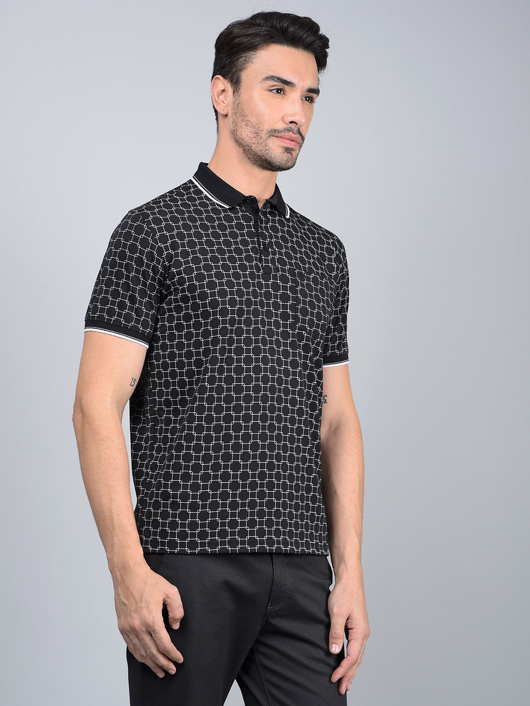 Black Printed Polo Neck T-Shirt-Men T-Shirts-Crimsoune Club