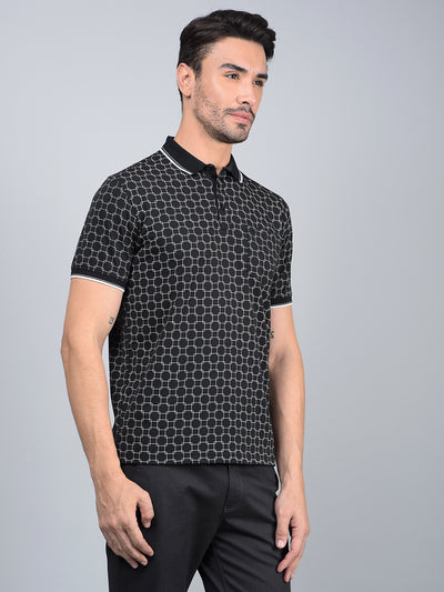 Black Printed Polo Neck T-Shirt-Men T-Shirts-Crimsoune Club
