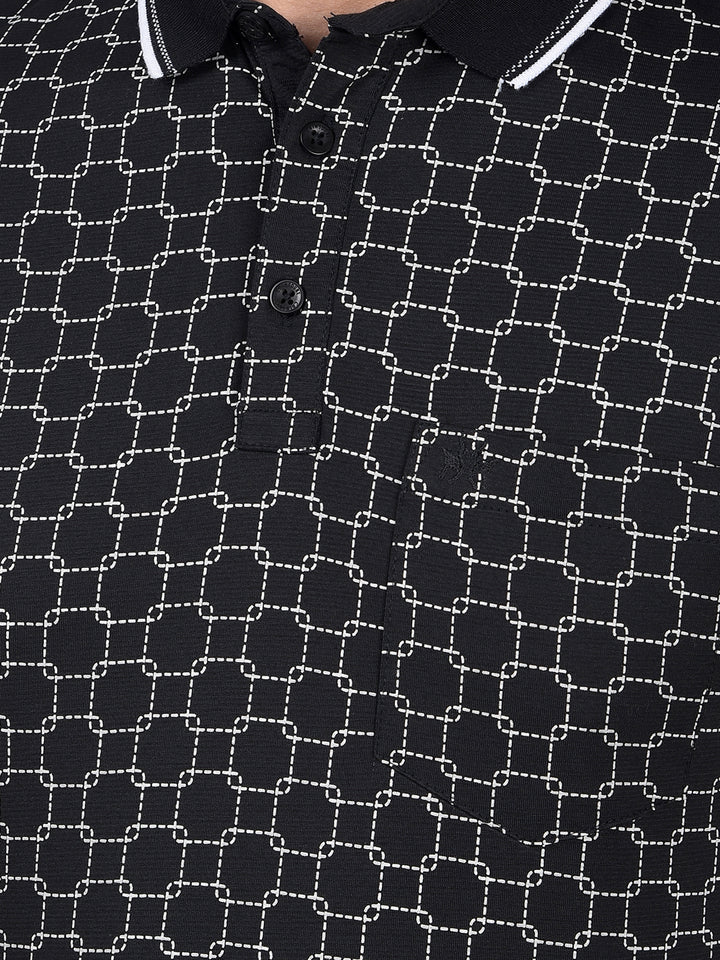 Black Printed Polo Neck T-Shirt-Men T-Shirts-Crimsoune Club