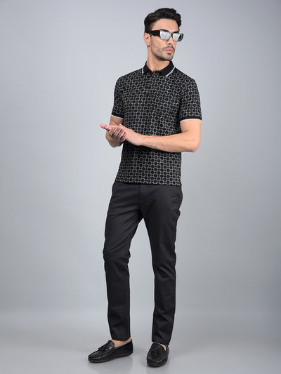 Black Printed Polo Neck T-Shirt-Men T-Shirts-Crimsoune Club