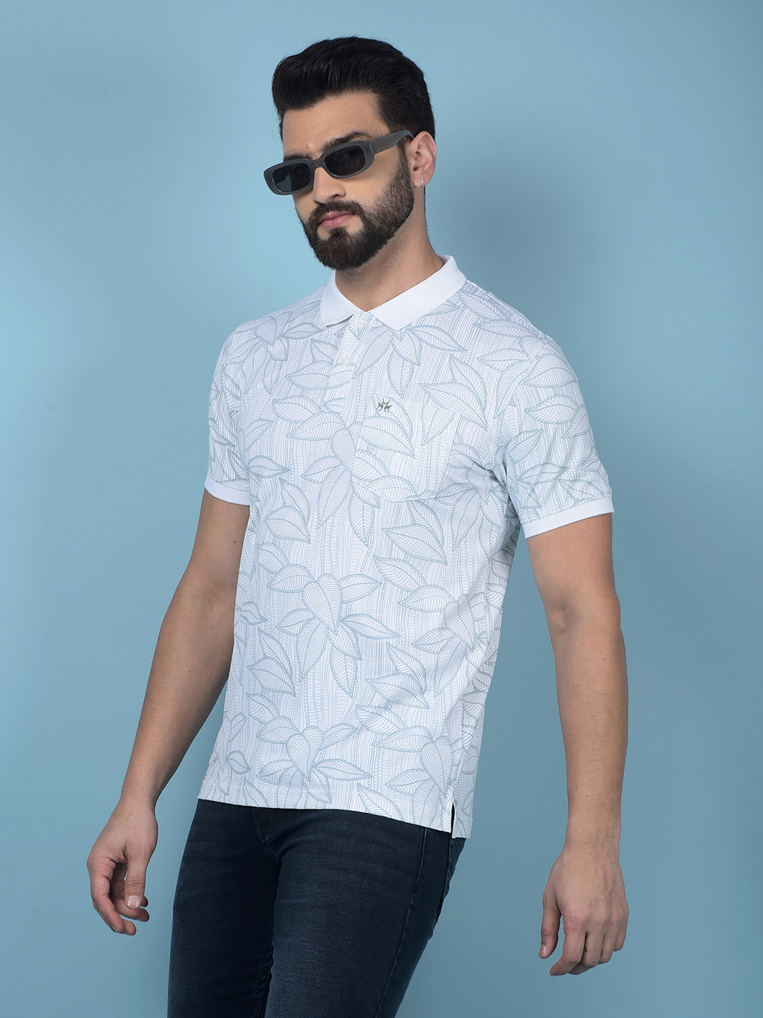 Blue Floral Print Polo-Neck T-Shirt-Men T-Shirts-Crimsoune Club