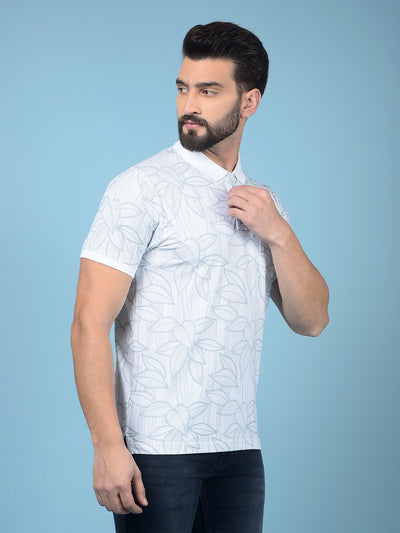 Blue Floral Print Polo-Neck T-Shirt-Men T-Shirts-Crimsoune Club