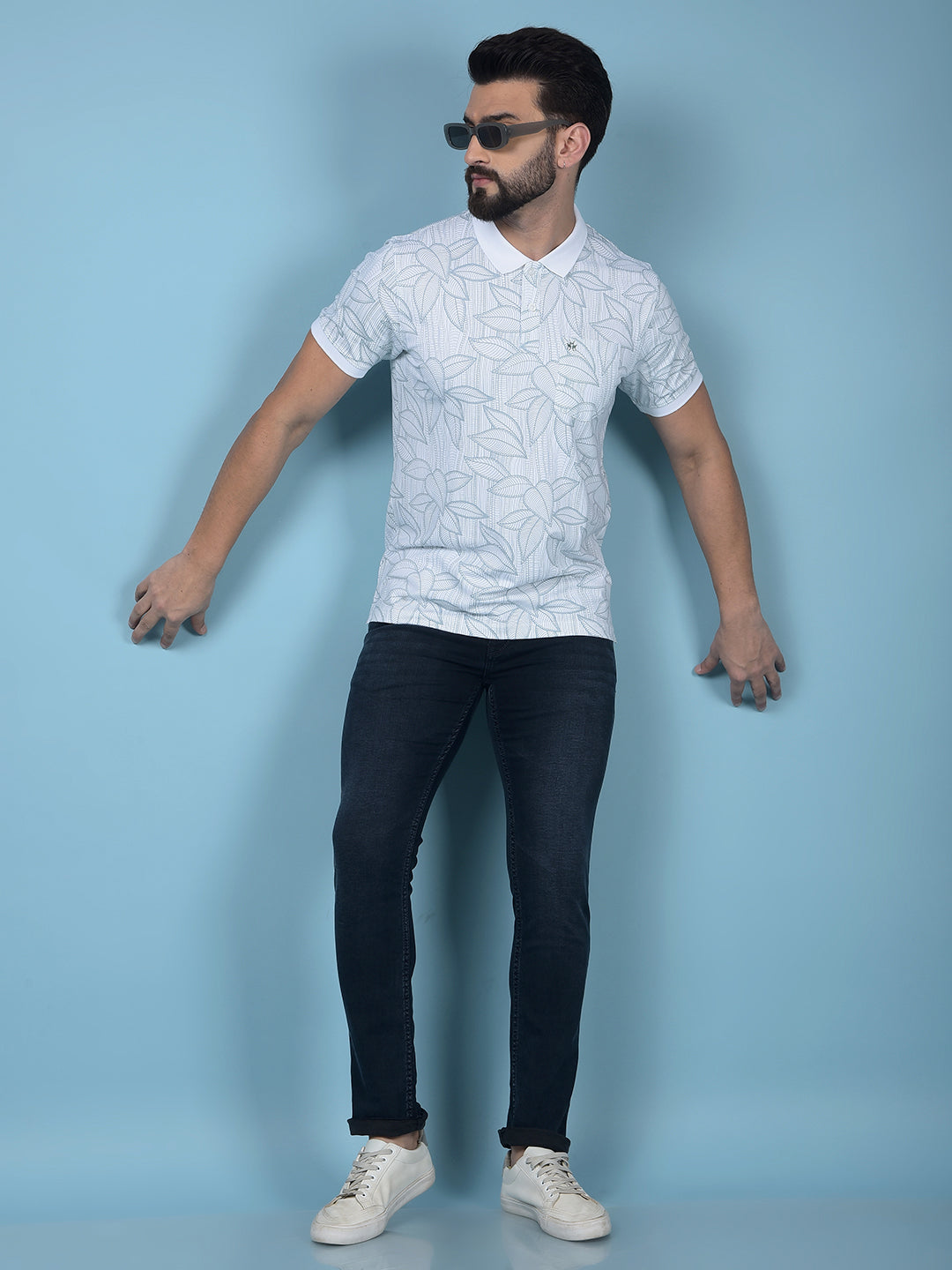 Blue Floral Print Polo-Neck T-Shirt-Men T-Shirts-Crimsoune Club