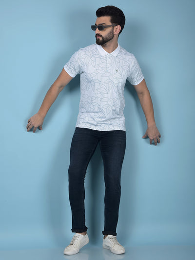 Blue Floral Print Polo-Neck T-Shirt-Men T-Shirts-Crimsoune Club