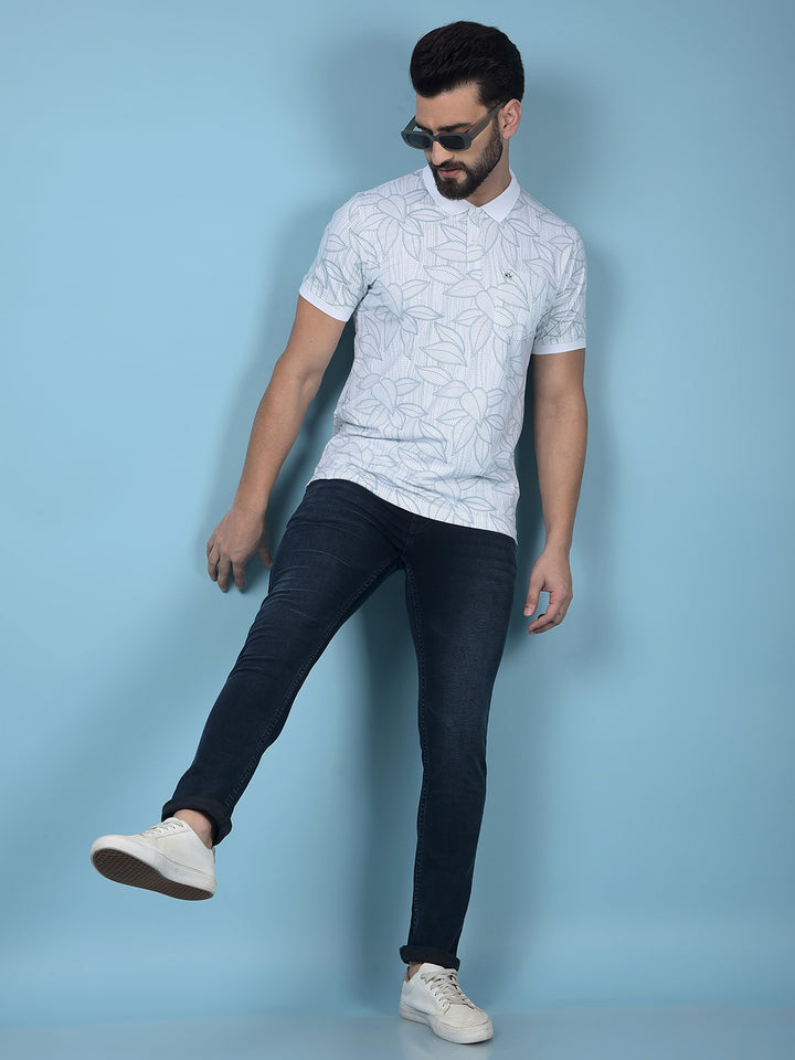 Blue Floral Print Polo-Neck T-Shirt-Men T-Shirts-Crimsoune Club