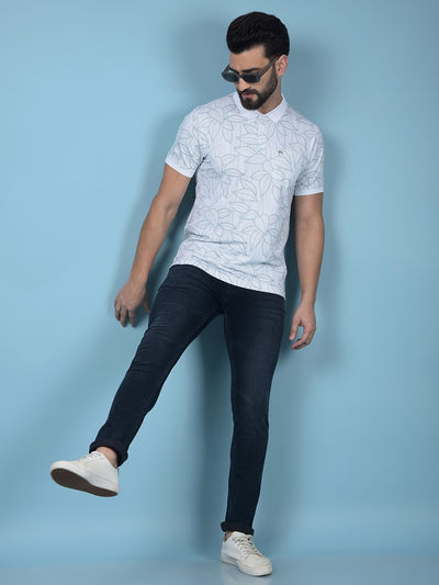 Blue Floral Print Polo-Neck T-Shirt-Men T-Shirts-Crimsoune Club