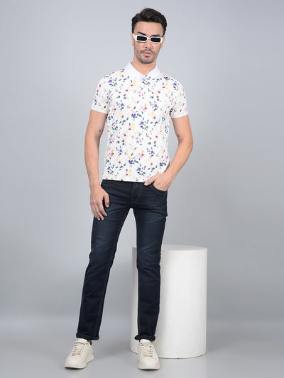 Off White Floral Print Polo Neck Cotton T-Shirt-Men T-Shirts-Crimsoune Club