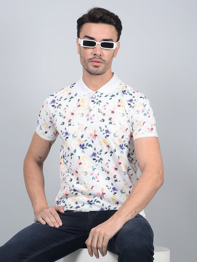 Off White Floral Print Polo Neck Cotton T-Shirt-Men T-Shirts-Crimsoune Club