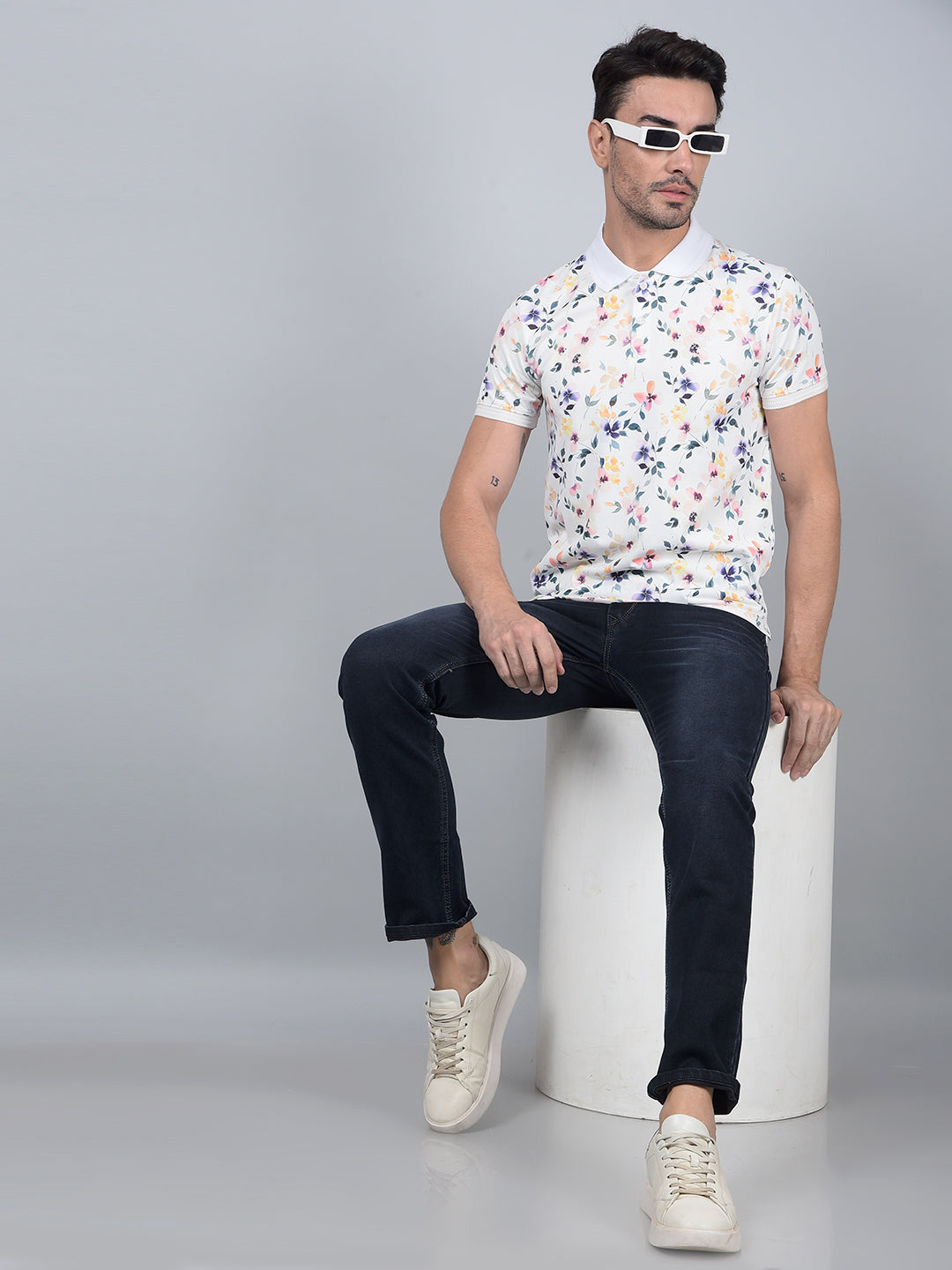 Off White Floral Print Polo Neck Cotton T-Shirt-Men T-Shirts-Crimsoune Club