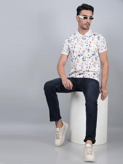 Off White Floral Print Polo Neck Cotton T-Shirt-Men T-Shirts-Crimsoune Club