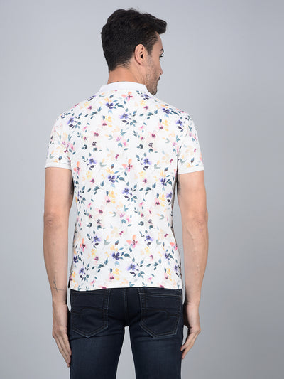 Off White Floral Print Polo Neck Cotton T-Shirt-Men T-Shirts-Crimsoune Club