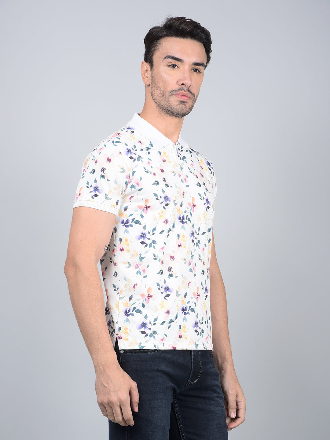 Off White Floral Print Polo Neck Cotton T-Shirt-Men T-Shirts-Crimsoune Club