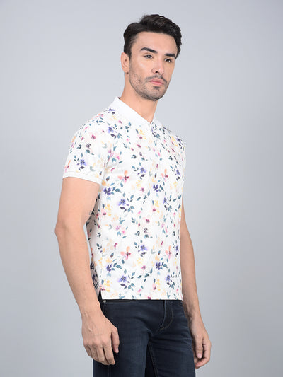 Off White Floral Print Polo Neck Cotton T-Shirt-Men T-Shirts-Crimsoune Club