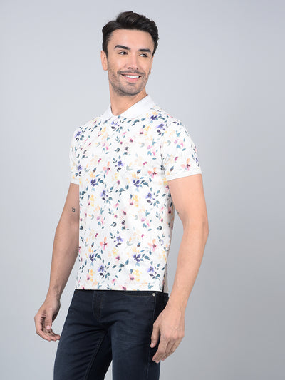 Off White Floral Print Polo Neck Cotton T-Shirt-Men T-Shirts-Crimsoune Club