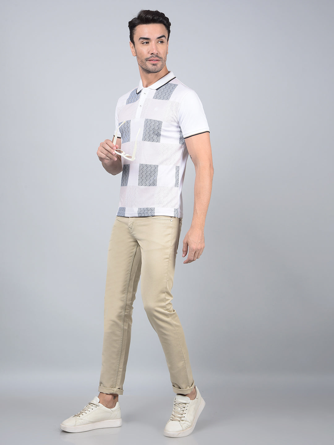 White Printed Polo Neck Cotton T-Shirt