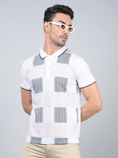 White Printed Polo Neck Cotton T-Shirt-Men T-Shirts-Crimsoune Club