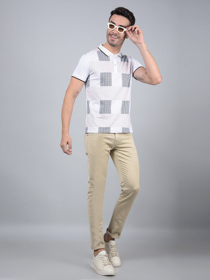 White Printed Polo Neck Cotton T-Shirt-Men T-Shirts-Crimsoune Club