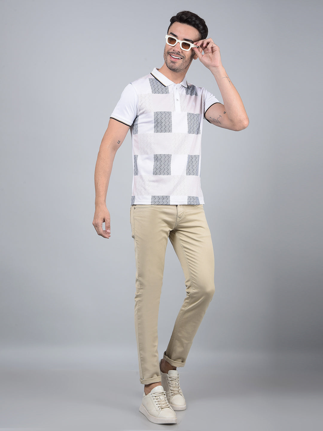 White Printed Polo Neck Cotton T-Shirt-Men T-Shirts-Crimsoune Club