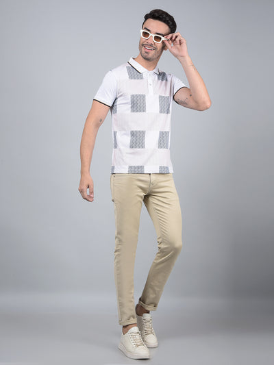 White Printed Polo Neck Cotton T-Shirt-Men T-Shirts-Crimsoune Club