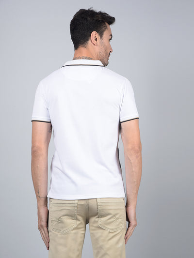 White Printed Polo Neck Cotton T-Shirt-Men T-Shirts-Crimsoune Club