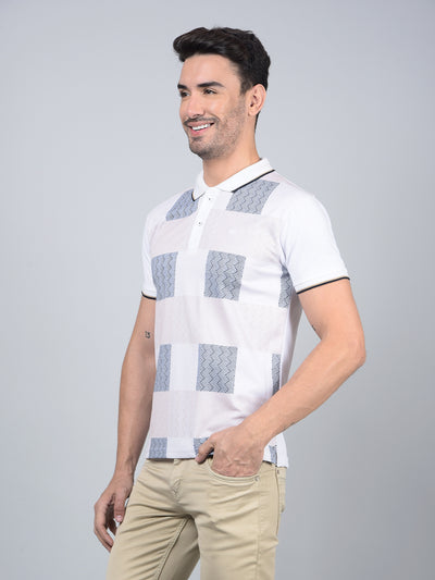 White Printed Polo Neck Cotton T-Shirt-Men T-Shirts-Crimsoune Club