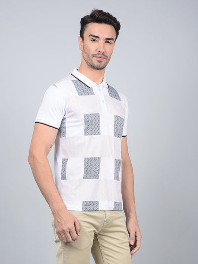 White Printed Polo Neck Cotton T-Shirt-Men T-Shirts-Crimsoune Club