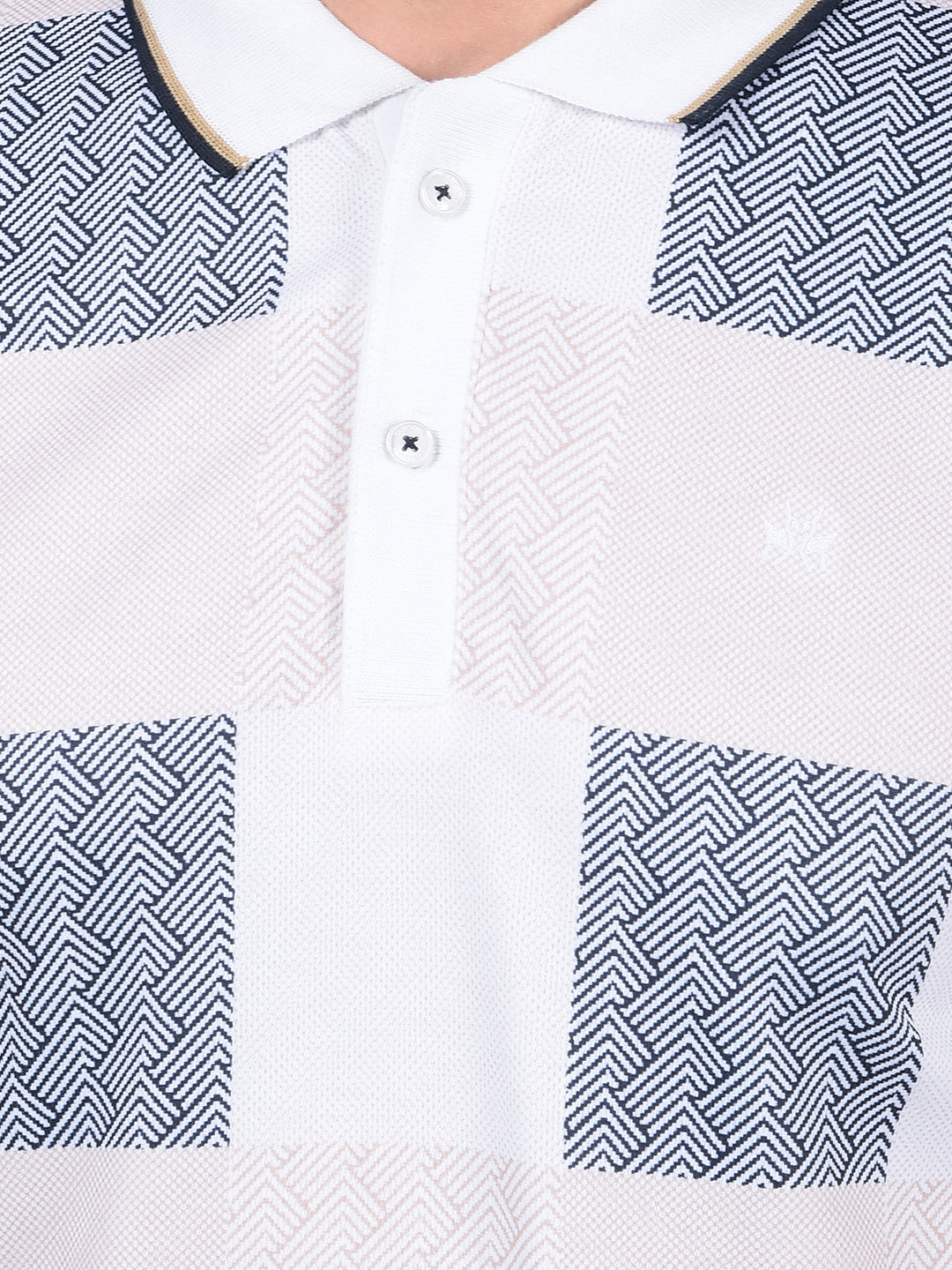 White Printed Polo Neck Cotton T-Shirt-Men T-Shirts-Crimsoune Club