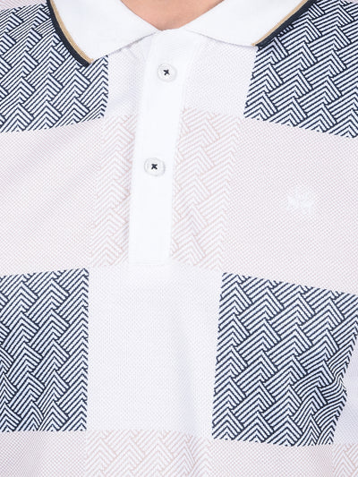 White Printed Polo Neck Cotton T-Shirt-Men T-Shirts-Crimsoune Club