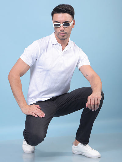 White Jacquard 100% Cotton Polo Neck T-Shirt-Men T-Shirts-Crimsoune Club