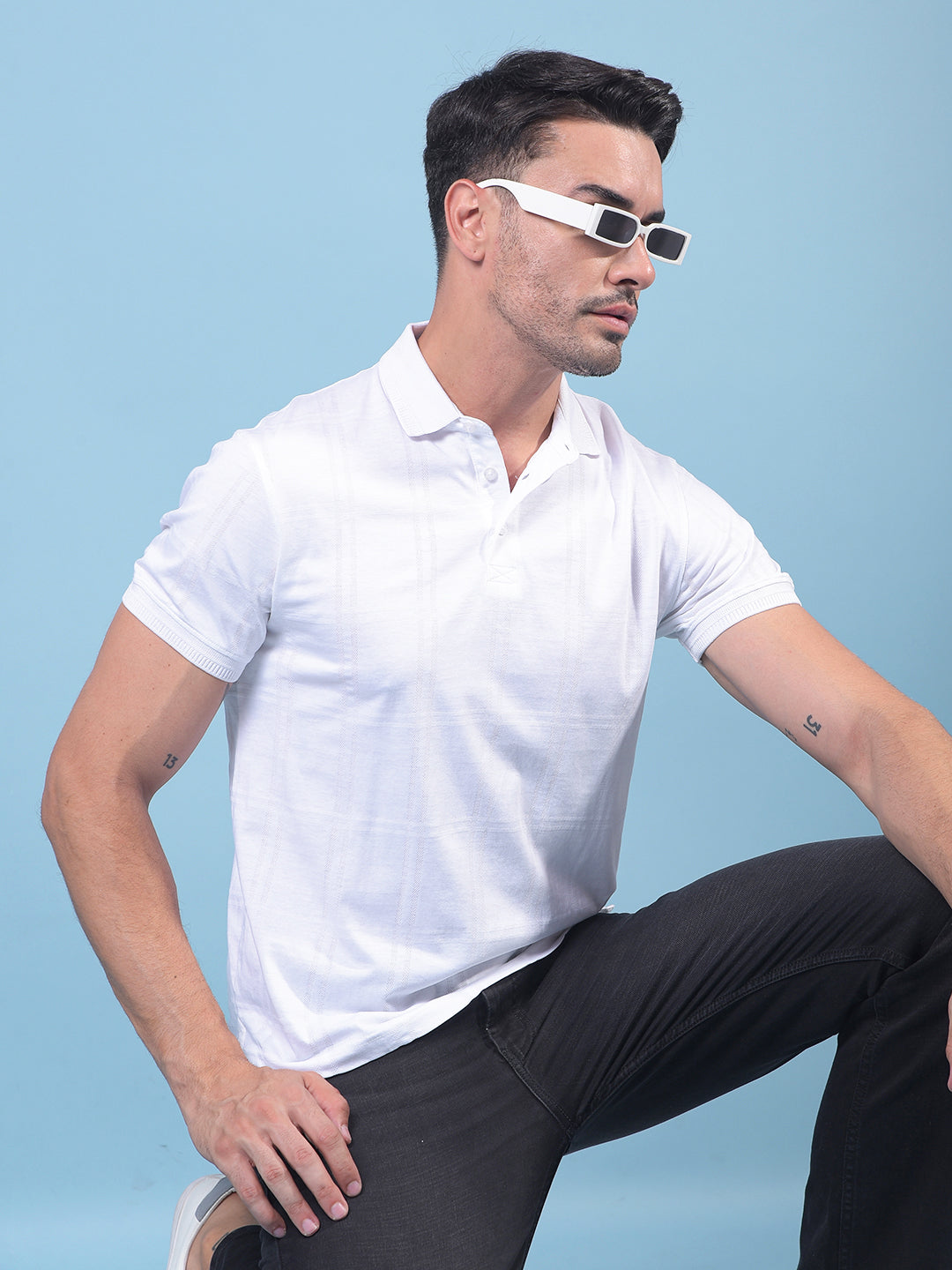 White Jacquard 100% Cotton Polo Neck T-Shirt-Men T-Shirts-Crimsoune Club