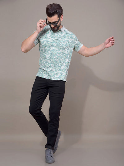 Green Floral Print Polo Neck T-Shirt-Men T-Shirts-Crimsoune Club