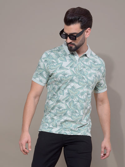 Green Floral Print Polo Neck T-Shirt-Men T-Shirts-Crimsoune Club