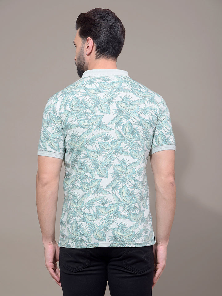 Green Floral Print Polo Neck T-Shirt-Men T-Shirts-Crimsoune Club